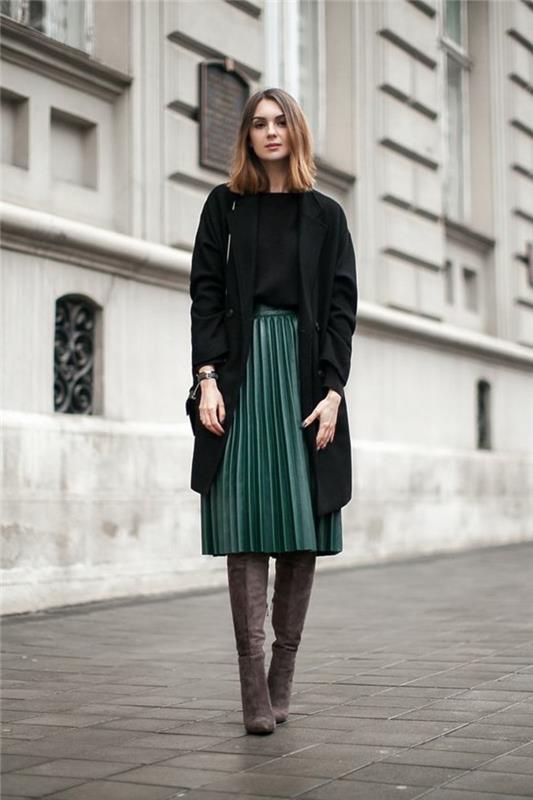 0-mid-längd-kjolar-färg-mörk-grön-lång-veckad-kjol-mörk-grön-mode-kvinna