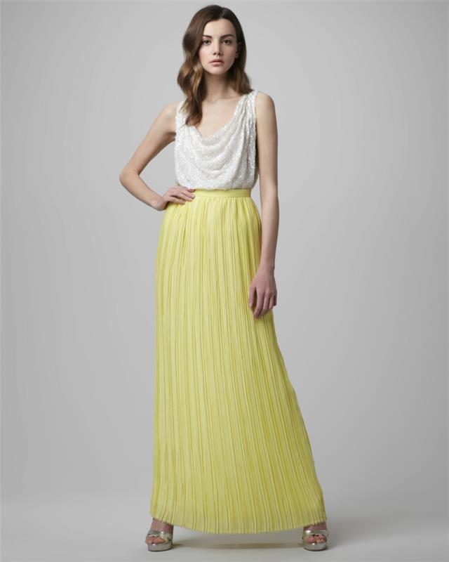 00-lång kjol-gul-veckade-höga klackar-kvinna-silver-kvinna-kjol-gul