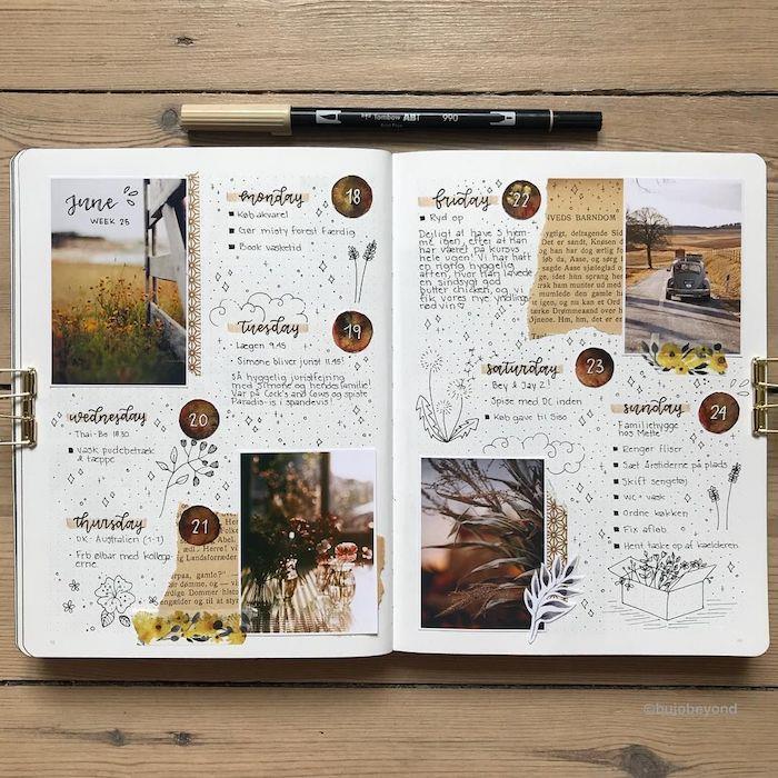 Anteckningsbok med minnen från juni månad, scrapbooking fotoalbum, enkel och konststil bok DIY, lånade fotografier, teckningar av små blommor och text