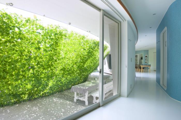 vertikálna záhrada na priehľadných drôtoch v tvare zelenej obrazovky, vertikálna kultúra, ktorá slúži ako tienidlo pre relaxačný kútik na verande s bielou lavicou a bielym obdĺžnikovým stolom s kockovaným krytom