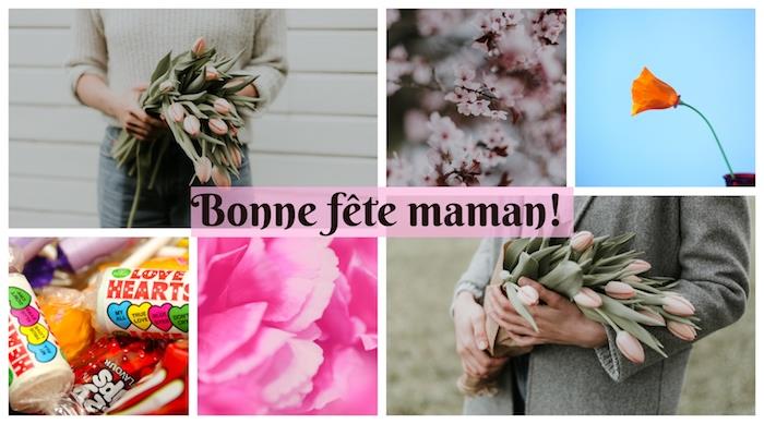 Collage av fotografier för mors dag, godis, blommor och blommande grenfoto mors dag, glad mors dag, gratis bilder för mors dag