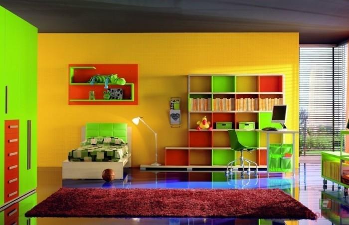 nádherný-dizajn-a-farba-žltá-nábytok do detskej izby-v-červeno-zeleno-žlto-červenom koberci