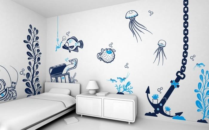 nápad-farba-biela-detská izba-pekné-kresby-inšpirované-témou-mora-bieleho nábytku-triezvy-morský-štýl-veľmi-zaujímavé