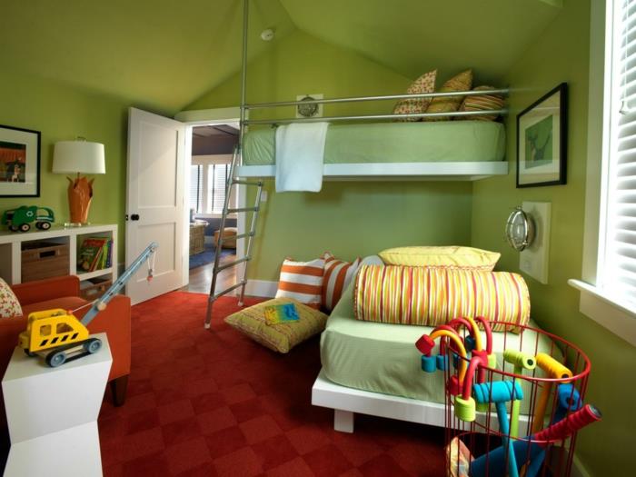 maľba nápadov-detská izba-v-zelenom-koberci-a-červenom-kresle-ktorá-vytvára-pekný-kontrast