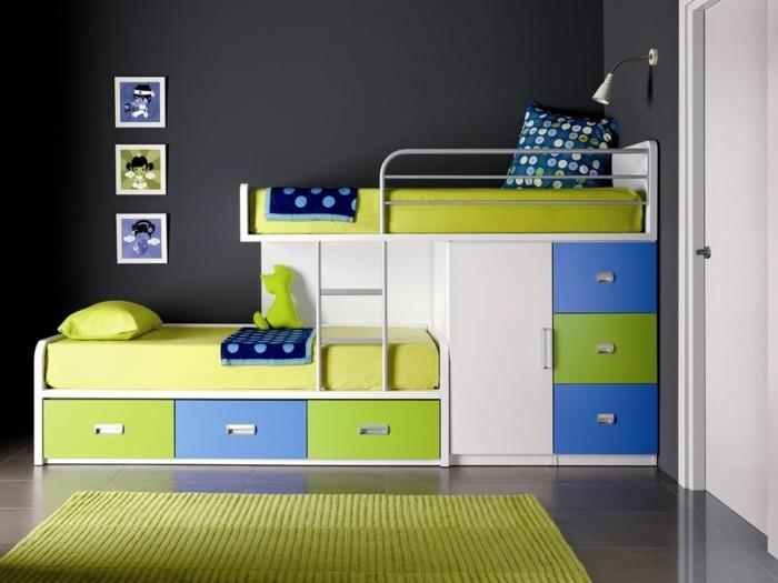 farba-detská izba-tmavo-šedá-kombinovaná-s-nábytkom-v-zelenom a-modro-zelenom koberci