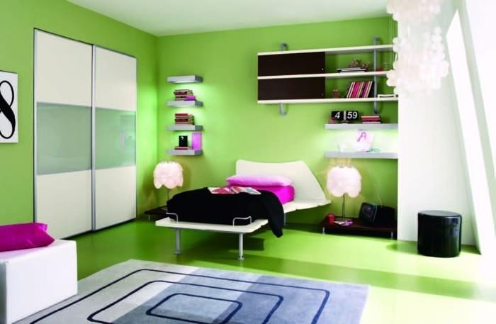 maľba-detská izba-zelená-podlaha-zelená-viacnásobné police-posteľ-zaujímavý-dizajn