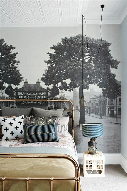 tonårsflicka-sovrum-kreativ-idé-järn-säng-målning-på-vägg-foto-bild-väggmålningar