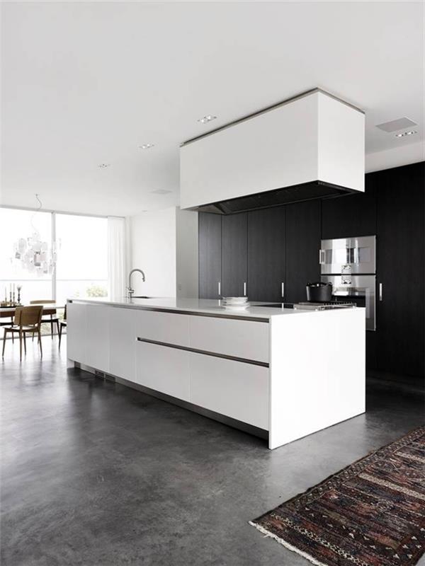 1-moderná-šedá-kuchyňa-so-sivým-voskovaným-betónom-podlahou a farebným kobercom v kuchyni