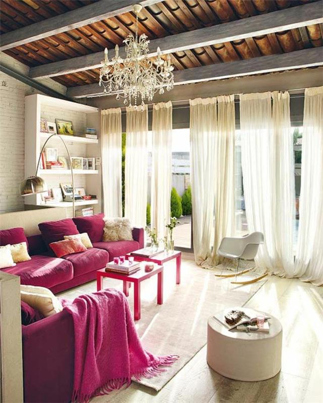 1-جميلة-ديكو-مغربية-غرفة المعيشة-مع-كنبة-وردية-ثريا-كريستال-طويلة-بيضاء-ستائر