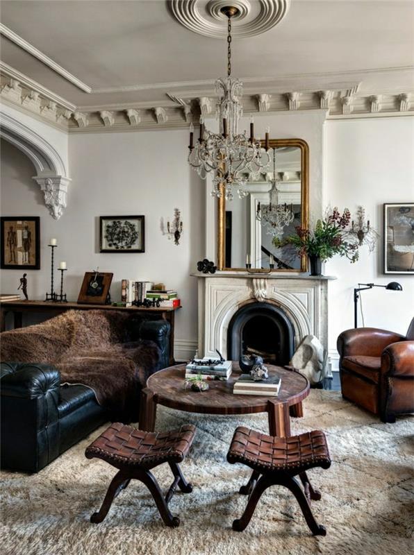 1-luxusná obývačka-čierny-kožený-nábytok-krb-béžový-koberec-zrkadlo-luster-stoličky