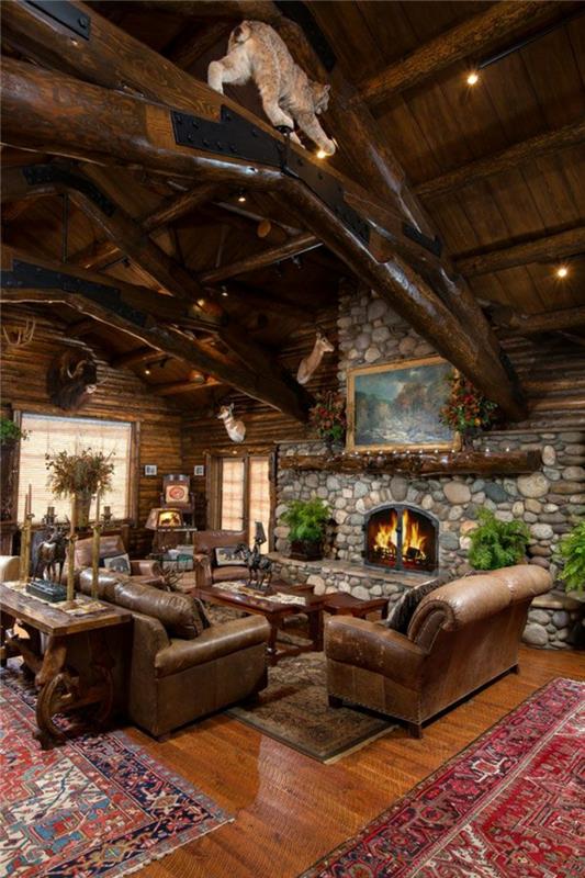 1-luxusná obývačka-tmavo-hnedá-koža-obývačka-farebný-koberec-krb-kameň-drevo-interiér