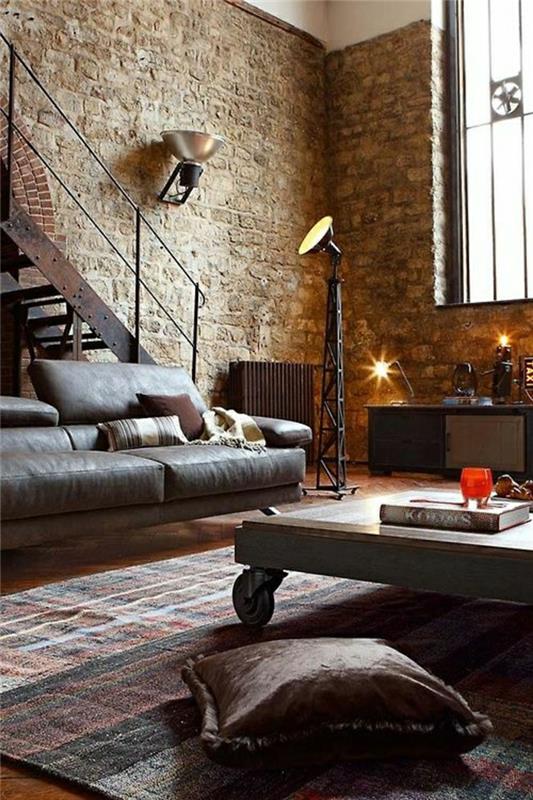 1-obývačka-kožená sedačka-v-tmavo-hnedej-koži-dekoratívnej-lampe-tehlovej stene-interiér