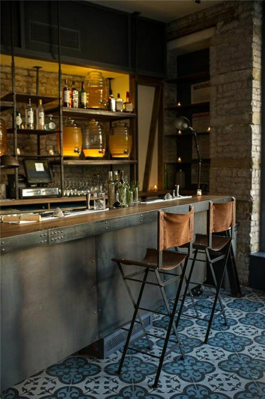 1-bar-pall-hög-blå-kakel-brun-trä-bar-stol-modernt-kök