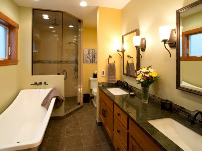 krásna-deko-kúpeľňa-dvojumývadlo-drevená-kúpeľňa-nábytok-dve-veľké-obdĺžnikové-zrkadlá-sprchovací kút-biela-voľne stojaca vaňa