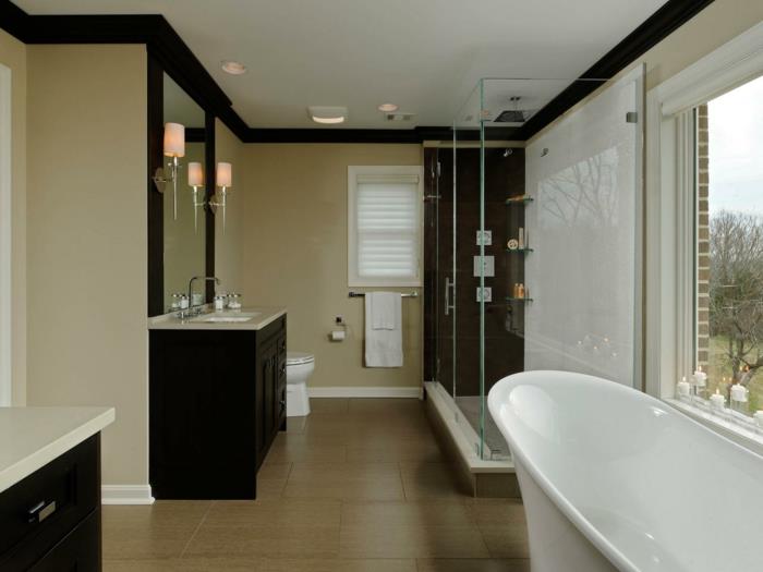 súčasný-model-kúpeľne-biela-vaňa-vstavaná-umývadlo-v-hnedej-kúpeľňovej skrinke-sklenená-stena-sprchovací kút-kabína-triezvy