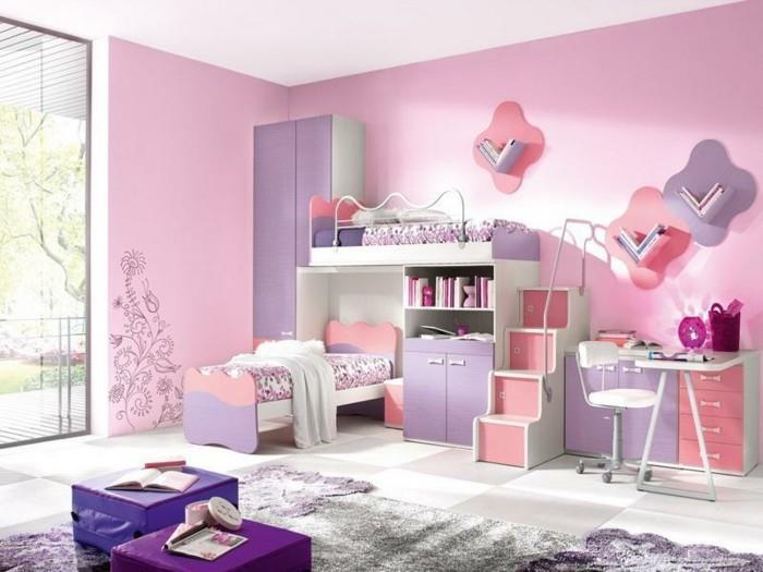 dekorácia-dievča-spálňa-maľba-detská izba-v-ružovej-a-purpurovej-poschodovej posteli-šatník-kancelária-úložný priestor-roztomilý-nápad