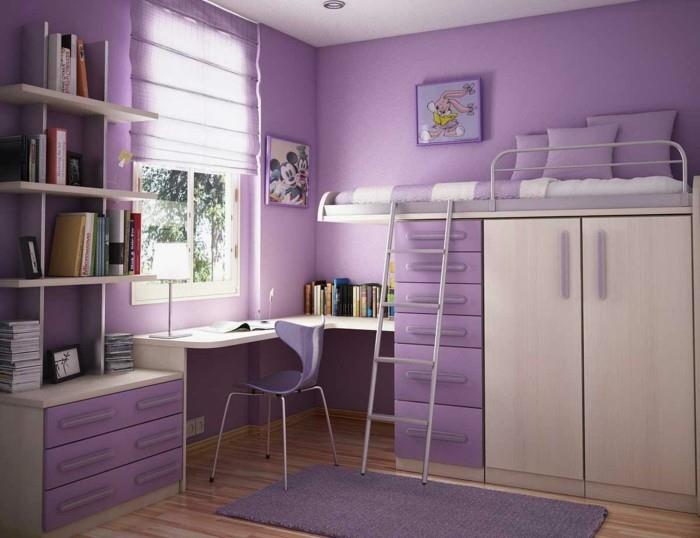 pekná maľba-detská spálňa-fialový-model-deko-dievča-spálňa-vysoká-posteľ-police-písací stôl