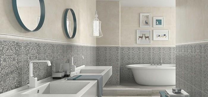 kúpeľňa-dekor-v-bielej-sivej-myšlienke-obklad-kúpeľňa-estetický-dva-umývadlá-krásna-stena-dekor-voľne stojaca vaňa