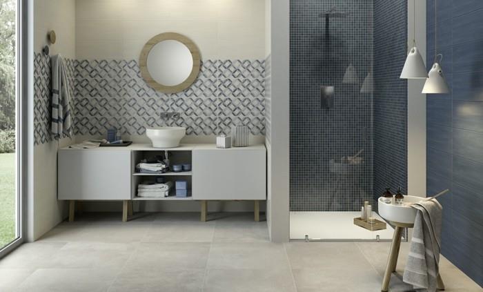 model kúpeľne v modro-šedo-bielej-sprchovej kabíne-pultová-zrkadlo-okrúhle-kúpeľňa-nábytok-praktické-nápady-obklad-izba-kúpeľňa-v-rôznych-farbách-vzoroch