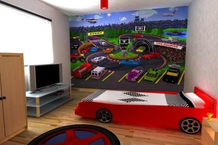 farba-detská izba-pre-milovníkov áut-posteľ-zaujímavý-dizajn-napodobňujúci-a-auto