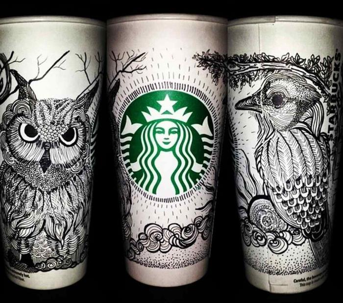 5-starbucks-energetický nápoj-pohár-sova-vtáky-čierno-biele umenie