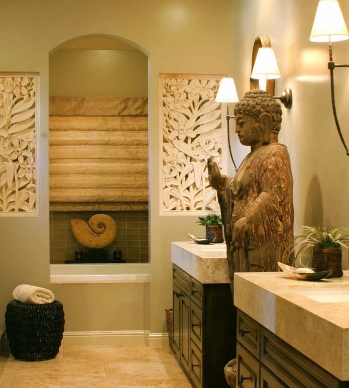 Zen-deco-kúpeľňa-exotická-kúpeľňa-orientálna-dotyková-dve-jedno-umývadlá-vstavaný-kúpeľňový nábytok