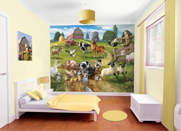 Dekoracia-detska-izba-zlta-farba-s-akcentom-stena-predstavujuca-radostnu-pastoracnu-kresbu-predstavitela-roznych-zvierat