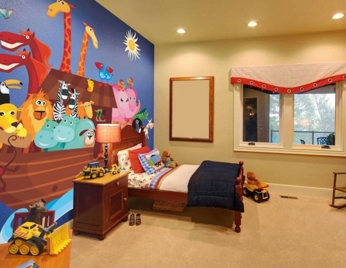 žltá detská izba-maľba-s-modrou-akcentovou stenou-s-pekným-zvieracím-kreslením-hravou atmosférou
