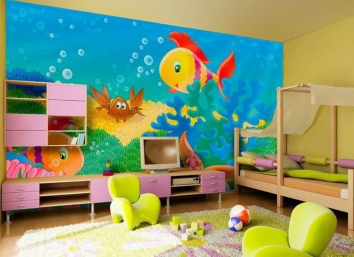 navrhovane-lakovanie-unikátne-steny-detskej izby-v-žltých stenách-s-nástennou kresbou-ktorá-predstavuje-mariny