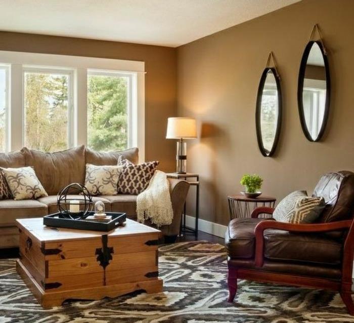 Karamelová spálňa-nábytok-stena-farba-zrkadlo-guľatý-nízky stôl-hrudník-obývačka