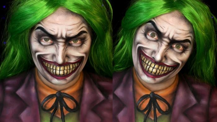 grönt hår, igenkännlig Joker -dräkt, svart fjäril, skrämmande läppar med tänder visade