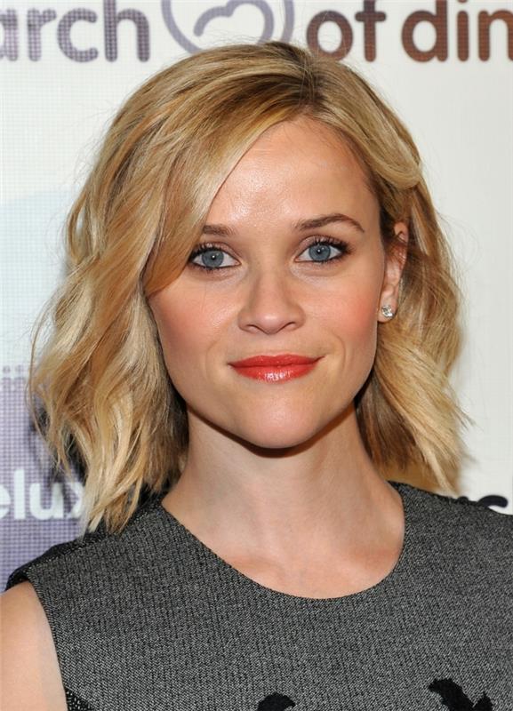 ostrukturerad bob, Reese Witherspoon, vågig blond bob, enkel smink, orange läppar