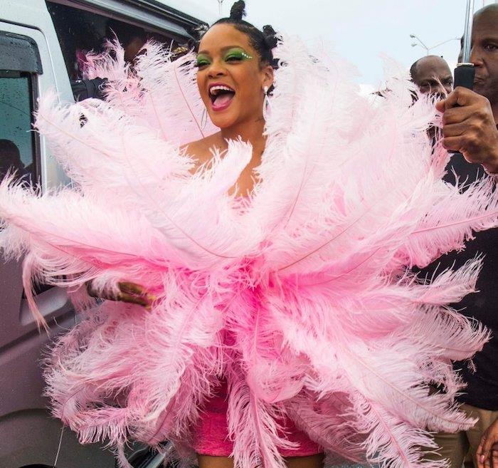 Rihannas kostym för karnevalen i Rio de Janeiro, rosa klänning med fjädrar Rihanna karnevalskostym, den mest originella karnevalskostymen