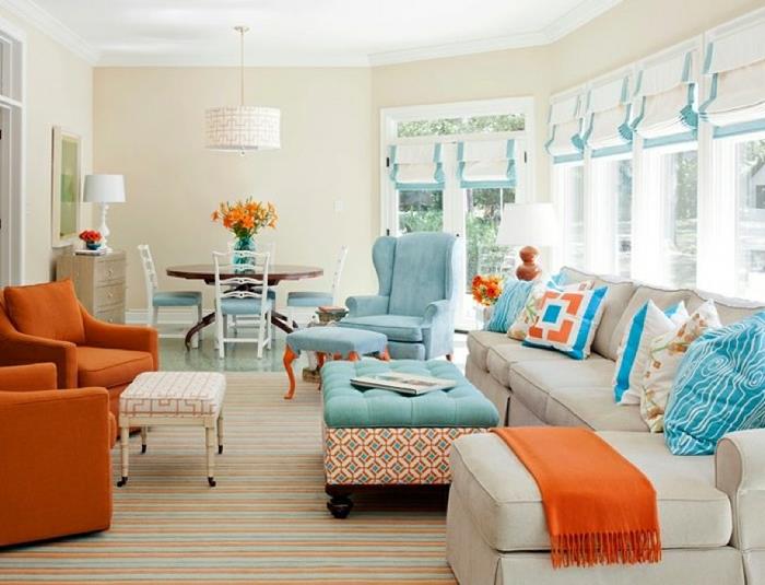 Obývacia izba v akvamaríne a oranžovej farbe