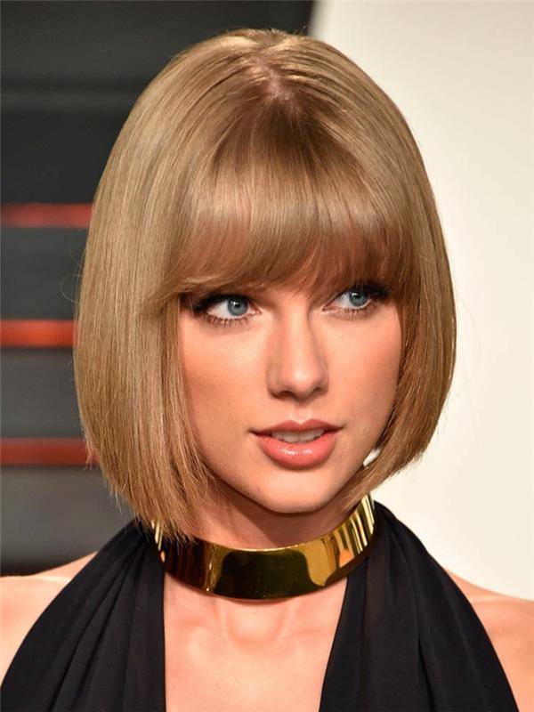 kvinnors släta bob, gult halsband, Taylor Swift, fyrkantigt franssnitt, svart officiell outfit