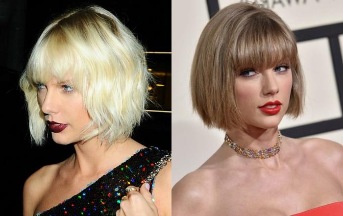 Taylor Swift med bob cut och blont hår, vågig bob, slät bob, färgglatt statement halsband