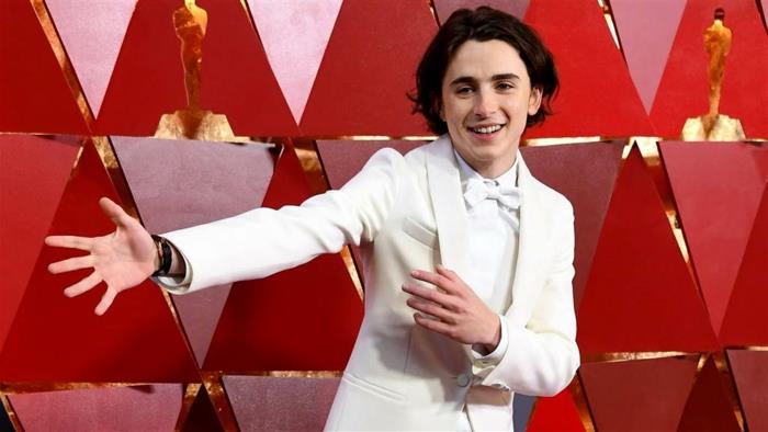 نظرة النجوم ، بدلة Thimothée Chalamet البيضاء ، القميص الأبيض ، الفراشة البيضاء ، النجمة الشابة على السجادة الحمراء ، أزياء النجوم