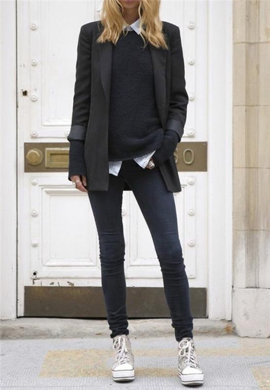 abbigliamento-casual-chic-ragazza-jeans-scuri-slim-maglione-nero-blazer-elegante-camicia-colletto