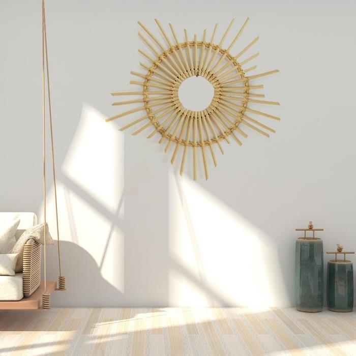 كيف تزين غرفة نومك البسيطة ، ديكو الاتجاه التصميم الداخلي 2019 ، نموذج مرآة الخيزران على شكل الشمس