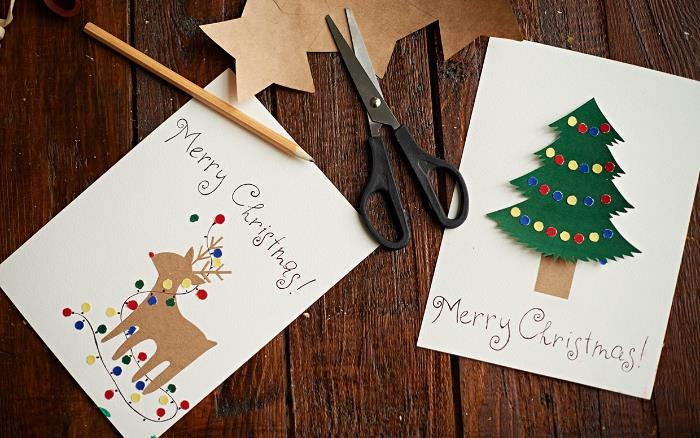 روضة نشاط عيد الميلاد فكرة شجرة التنوب ورودولف الرنة ذو الأنف الأحمر على ورق أبيض الكتابة الأصلية المصنوعة يدويًا بطاقة عيد الميلاد