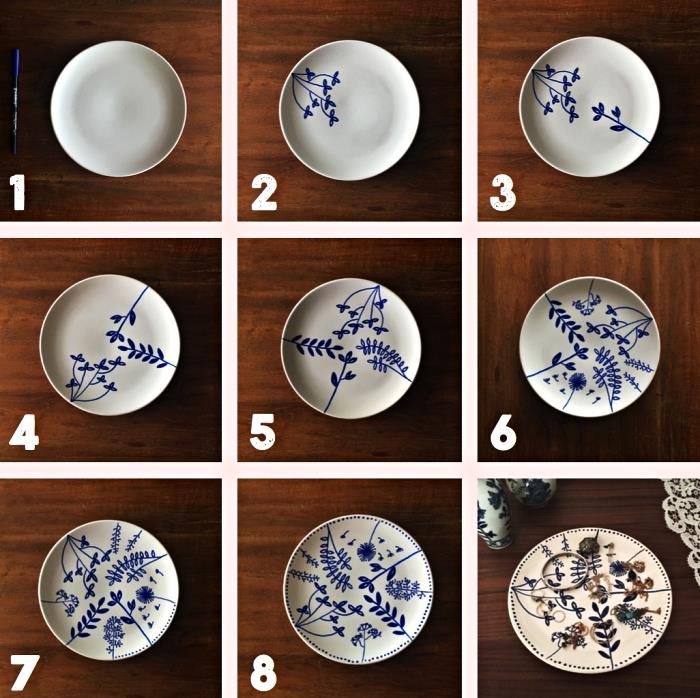 prispôsobte si biely tanier s rastlinnými motívmi vyrobenými z porcelánového filcu