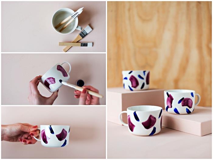 technika maľovania porcelánu ťahom štetcom, personalizovaná šálka kávy s abstraktným dizajnom vyrobená porcelánovou farbou