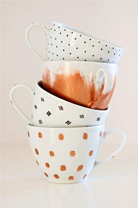nápady remesiel pre dospelých, nápady na zdobenie hrnčekov na kávu porcelánovou farbou