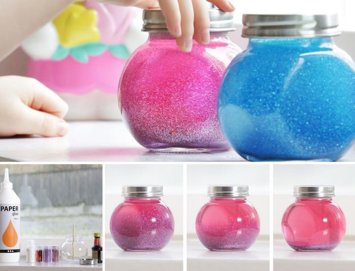 DIY med glasburk, DIY -leksak för barn, enkel och snabb dagis manuell aktivitetsidé med burk och glitterfärg