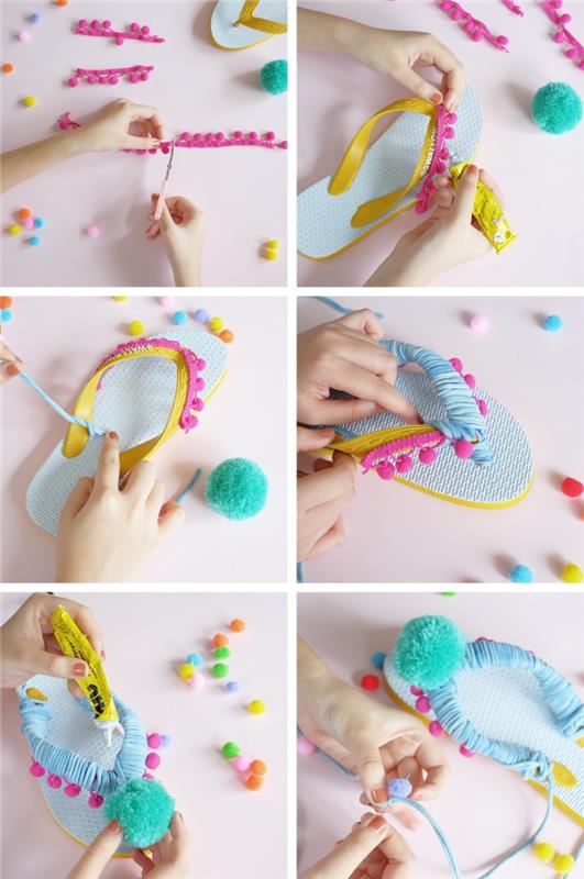 kreatívny letný nápad, prispôsobte si topánky, ukážte, ako ozdobte svoje žabky mini strapcovým lemom