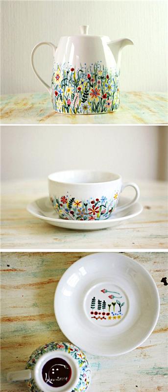 personalizovaná čajová kanvica a šálka kávy s kvetinovými motívmi v porcelánovom obraze
