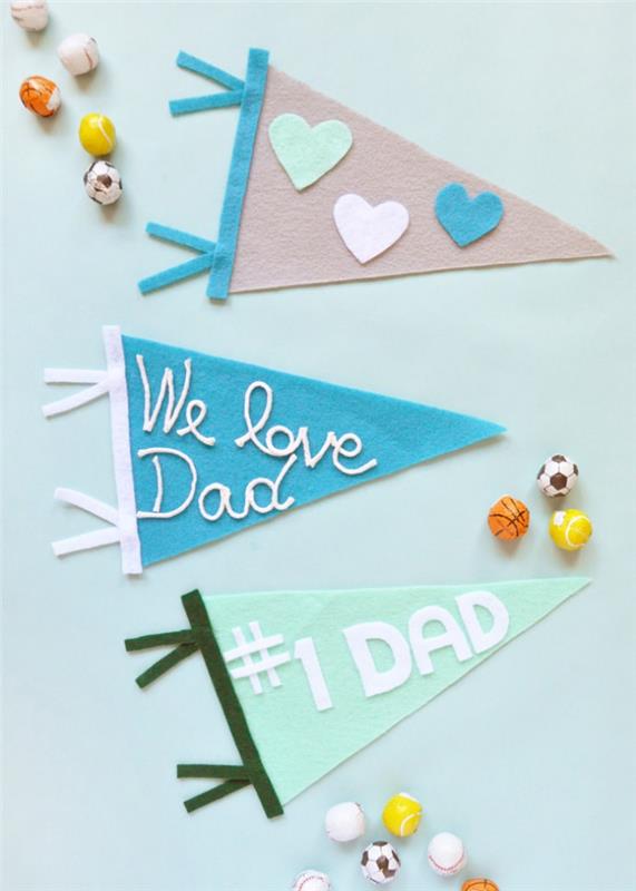 DIY lätt fars dag, blå filt flagga mall med vita bokstäver Jag älskar dig pappa, dagis aktivitet idé för fars dag