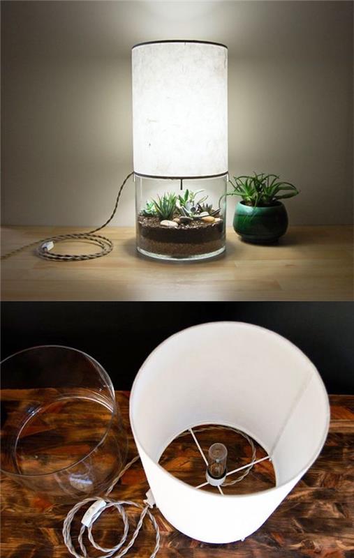 idé att skapa en terrarielampa, glasbehållare med jord och saftig växt