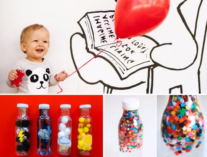 idé för en manuell aktivitet i 2 år, att göra en Montessori -flaska för spädbarn, med vad man ska fylla en glasflaska för att göra en leksak