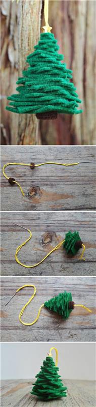 DIY vianočný stromček s malými kúskami zelenej látky, postavený na žltej šnúrke, na zavesenie v niektorých zákutiach